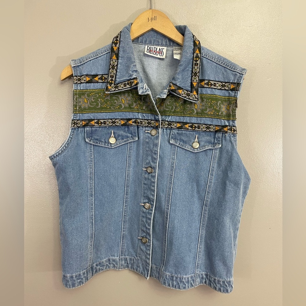 VTG Bill Blass Denim Vest Women Large Trucker Jeans Aztec Western Y2K Festival